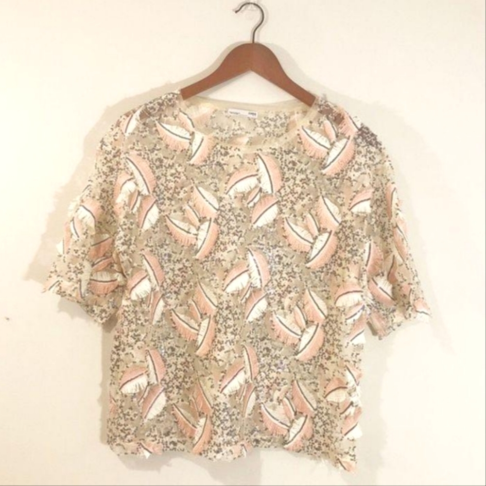 Zara Sheer Embroidered Feather Shapes Sequin Blouse Size M